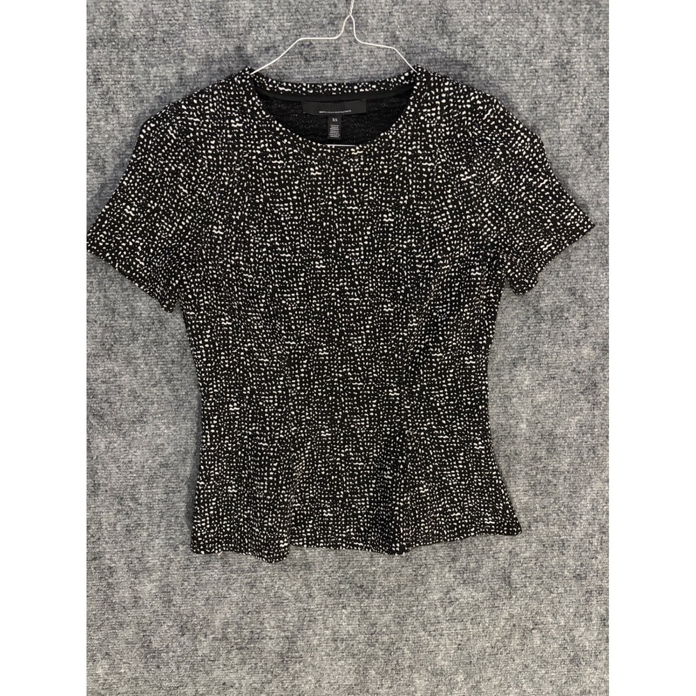 White House Black Market WHBM Womens XS Black White Dot Short Sleeve Blouse Top